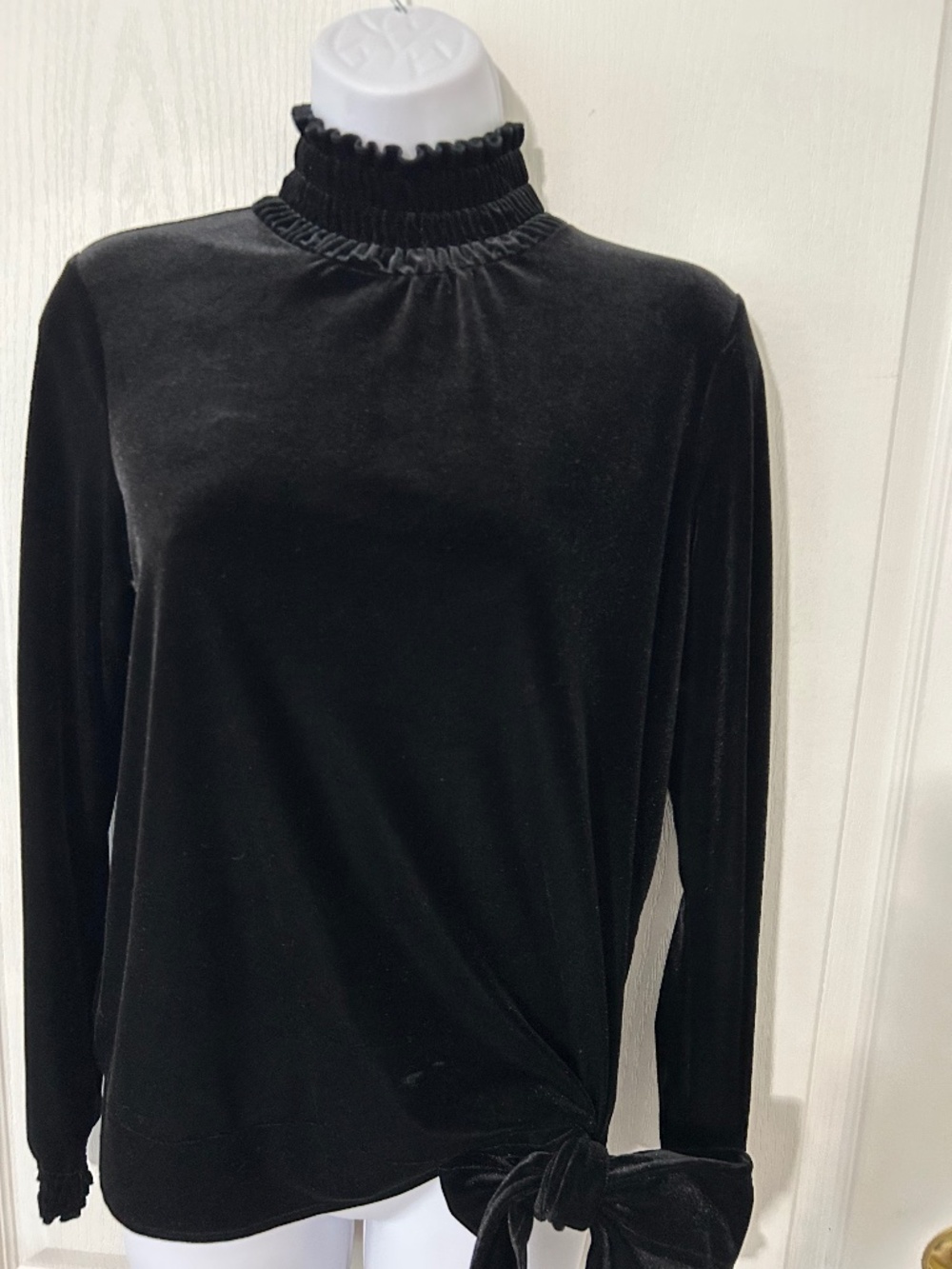 J. Jill Black Velvet Smocked Mock Neck Side Tie Blouse Size XS